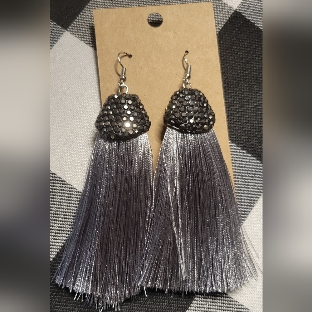 Grey with shiny silver fringe earrings
